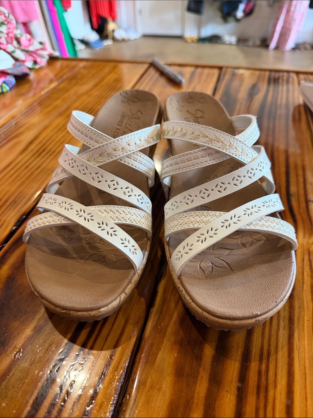 Skechers Cream Floral Laser-Cut Wedge Sandals - Picture 2 of 4
